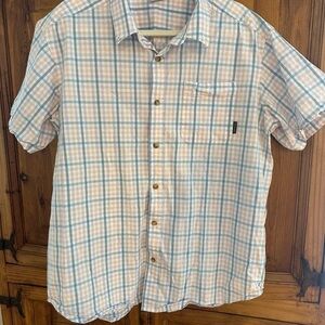 H&M Short-Sleeve Plaid Button-Down Shirt in Light Blue & Peach